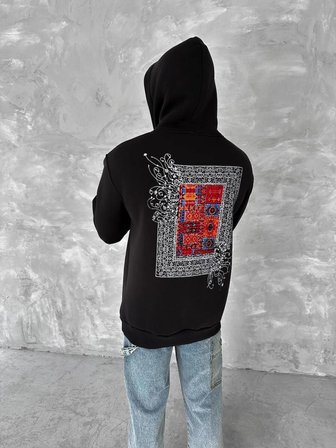 Erkek Kapüşonlu Kanguru Cepli Sweatshirt 3 İplik Pamuklu Baskılı Hoodie - Siyah