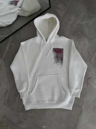 Kadın Kapüşonlu Kanguru Cepli Sweatshirt 3 İplik Pamuklu Baskılı Hoodie - Beyaz