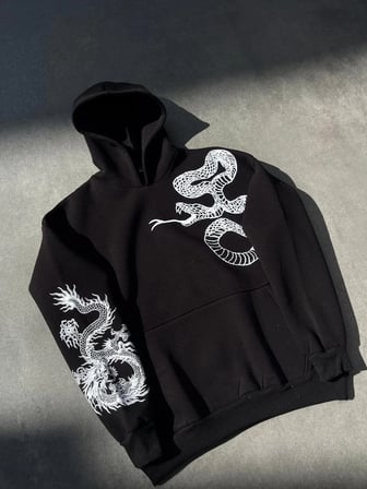 Kadın Oversize Kapüşonlu Cepli Baskılı 3 İplik Pamuklu Hoodie Sweatshirt - Siyah