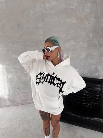 Kadın Oversize Kapüşonlu Cepli Baskılı 3 İplik Pamuklu Hoodie Sweatshirt - Beyaz