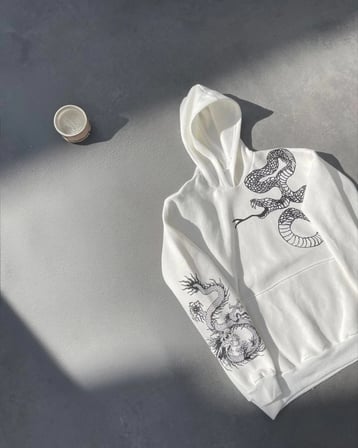 Erkek 3 İplik Pamuklu Kapüşonlu Baskılı Cepli Oversize Sweatshirt Hoodie - Beyaz