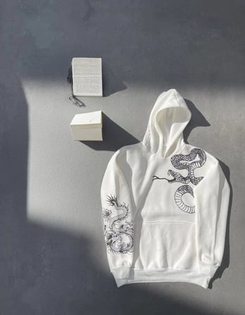 Erkek 3 İplik Pamuklu Kapüşonlu Baskılı Cepli Oversize Sweatshirt Hoodie - Beyaz