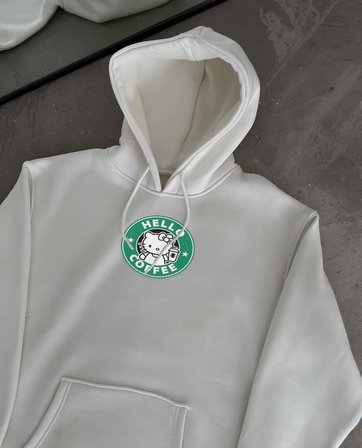 Kadın Oversize Kapüşonlu Kanguru Cepli Baskılı 3 İplik Pamuklu Sweatshirt Hoodie -   Beyaz