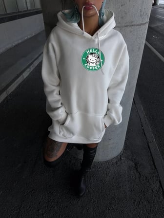 Kadın Oversize Kapüşonlu Kanguru Cepli Baskılı 3 İplik Pamuklu Sweatshirt Hoodie -   Beyaz