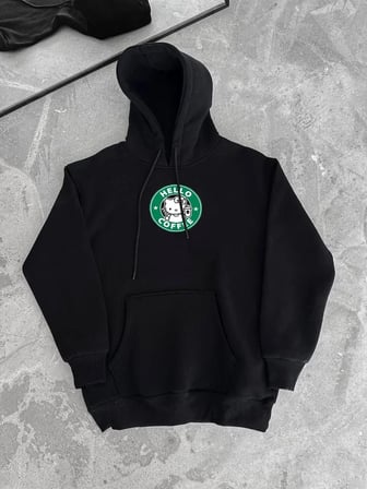 Kadın Oversize Kapüşonlu Kanguru Cepli Baskılı 3 İplik Pamuklu Sweatshirt Hoodie -   Siyah