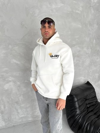 Erkek Kapüşonlu Kanguru Cepli Sweatshirt 3 İplik Pamuklu Baskılı Hoodie - Beyaz