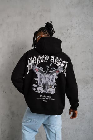 Erkek 3 İplik Pamuklu Baskılı Kapüşonlu Cepli Sweatshirt Hoodie - Siyah