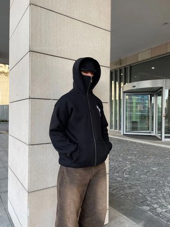 Erkek 3 iplik Samuray kapüşonlu ZIP Fermuarlı SweatShirt Hoodie - Siyah