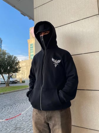 Erkek 3 iplik Samuray kapüşonlu ZIP Fermuarlı SweatShirt Hoodie - Siyah