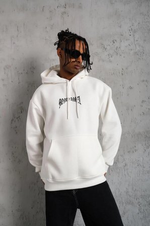Erkek 3 İplik Pamuklu Baskılı Kapüşonlu Cepli Sweatshirt Hoodie - Beyaz