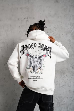 Erkek 3 İplik Pamuklu Baskılı Kapüşonlu Cepli Sweatshirt Hoodie - Beyaz