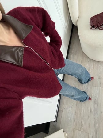 kadın Deri Yakalı Pamuk dokulu Çift Taraflı Çalışan Fermuar Ceket - Bordo