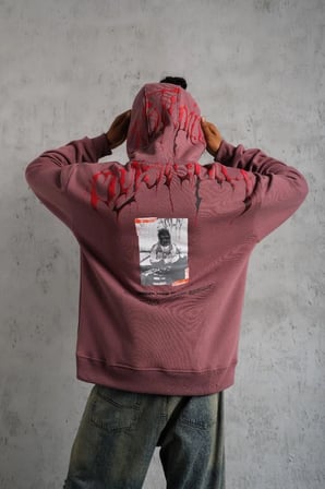 Erkek 3 İplik Pamuklu Baskılı Kapüşonlu Cepli Sweatshirt Hoodie - Gül Kurusu