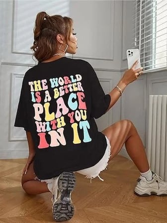 Kadın Baskılı T-Shirt Kısa Kol Bisiklet Yaka Oversize Rahat Kalıp Tişört - Siyah