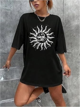 Kadın Baskılı T-Shirt Kısa Kol Bisiklet Yaka Regular Fit Rahat Kalıp Tişört - Siyah