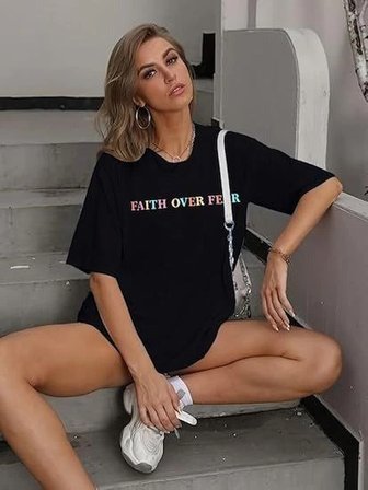 Kadın Baskılı T-Shirt Kısa Kol Bisiklet Yaka Oversize Rahat Kalıp Tişört - Siyah