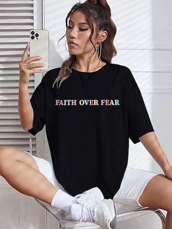 Kadın Baskılı T-Shirt Kısa Kol Bisiklet Yaka Oversize Rahat Kalıp Tişört - Siyah