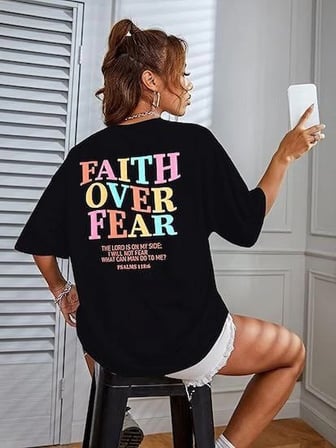 Kadın Baskılı T-Shirt Kısa Kol Bisiklet Yaka Oversize Rahat Kalıp Tişört - Siyah