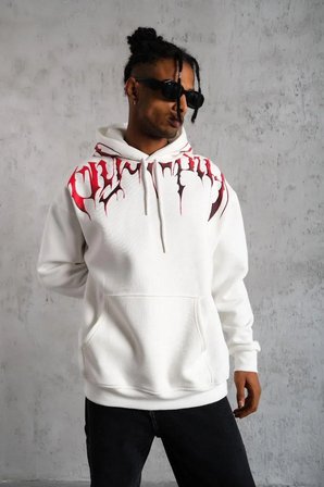 Erkek 3 İplik Pamuklu Baskılı Kapüşonlu Cepli Sweatshirt Hoodie - Beyaz