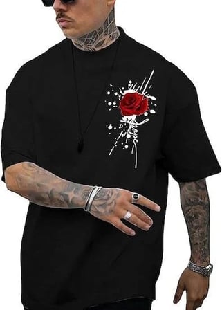Erkek Kısa Kol Yazlık Tişört Bisiklet Yaka GÜL Baskılı T-Shirt - Siyah