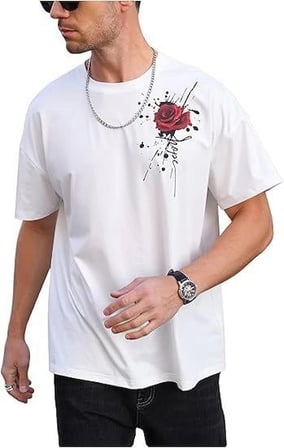 Erkek Kısa Kol Yazlık Tişört Bisiklet Yaka GÜL Baskılı T-Shirt - Beyaz