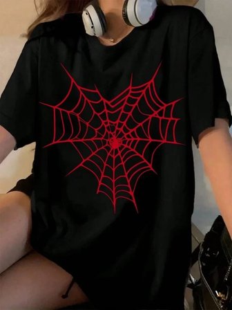 Kadın Örümcek Ağ Baskılı T-Shirt Kısa Kol Bisiklet Yaka Oversize Tişört - Siyah