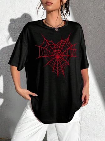 Kadın Örümcek Ağ Baskılı T-Shirt Kısa Kol Bisiklet Yaka Oversize Tişört - Siyah