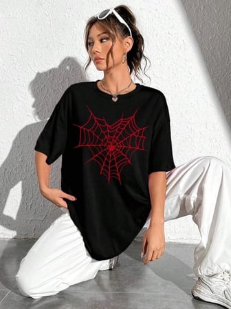 Kadın Örümcek Ağ Baskılı T-Shirt Kısa Kol Bisiklet Yaka Oversize Tişört - Siyah