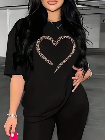 Kadın Kalp Baskılı T-Shirt Kısa Kol Bisiklet Yaka Oversize Tişört - Siyah