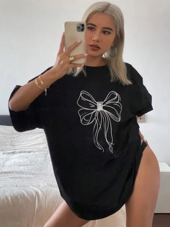 Kadın Fiyonk Baskılı T-Shirt Kısa Kol Bisiklet Yaka Oversize Tişört - Siyah