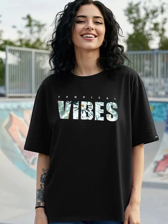 Kadın Kısa Kol Yazlık Tişört Bisiklet Yaka VIBES Baskılı T-Shirt - Siyah