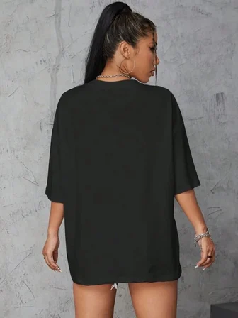 Kadın Baskılı T-Shirt Kısa Kol Bisiklet Yaka Oversize Rahat Kalıp Tişört - Siyah