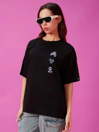 Kadın Kısa Kol Yazlık Tişört Bisiklet Yaka Baskılı Oversize T-Shirt - Siyah