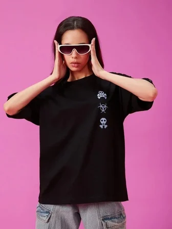Kadın Kısa Kol Yazlık Tişört Bisiklet Yaka Baskılı Oversize T-Shirt - Siyah