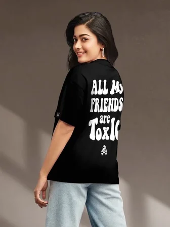 Kadın Kısa Kol Yazlık Tişört Bisiklet Yaka Baskılı Oversize T-Shirt - Siyah