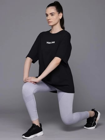 Kadın Baskılı T-Shirt Kısa Kol Bisiklet Yaka Oversize Rahat Kalıp Tişört - Siyah