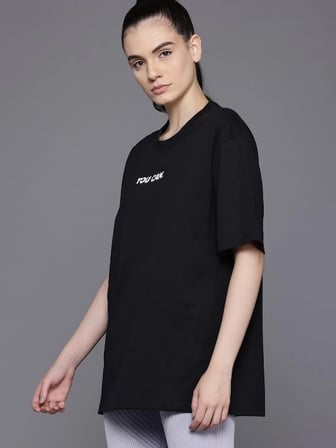 Kadın Baskılı T-Shirt Kısa Kol Bisiklet Yaka Oversize Rahat Kalıp Tişört - Siyah
