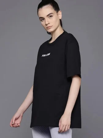 Kadın Baskılı T-Shirt Kısa Kol Bisiklet Yaka Oversize Rahat Kalıp Tişört - Siyah