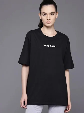 Kadın Baskılı T-Shirt Kısa Kol Bisiklet Yaka Oversize Rahat Kalıp Tişört - Siyah