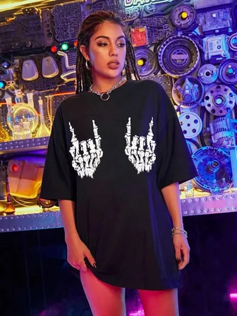 Kadın Baskılı T-Shirt Kısa Kol Bisiklet Yaka Oversize Rahat Kalıp Tişört - Siyah