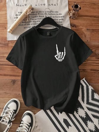 Erkek Baskılı T-Shirt Kısa Kol Bisiklet Yaka Regular Fit Rahat Kalıp Tişört - Siyah