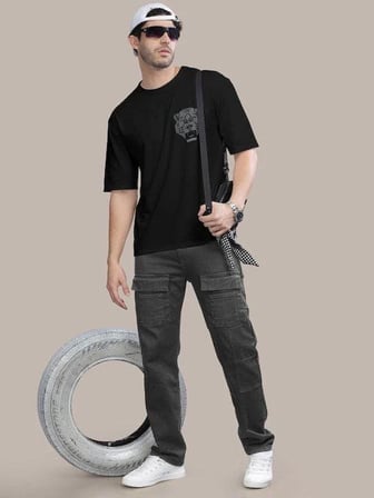 Erkek Kısa Kol Yazlık Tişört Bisiklet Yaka ASLAN Baskılı T-Shirt - Siyah