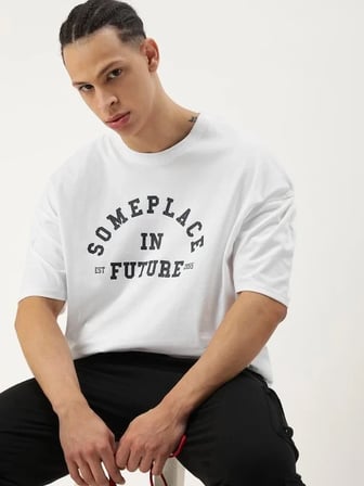 Erkek Kısa Kol Yazlık Tişört Bisiklet Yaka Baskılı Oversize T-Shirt - Beyaz