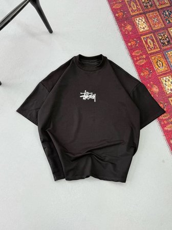 Erkek Kısa Kol Yazlık Tişört Bisiklet Yaka Baskılı Oversize T-Shirt - Siyah