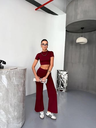 Kadın Osy Modal Yumuşak Dokulu Kumaş Kısa Kollu Crop Alt ispanyol Paça Pantolon ikili Takım - Bordo