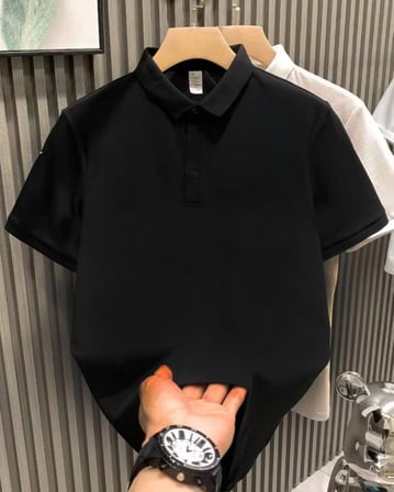 Erkek Polo Yaka Pike Kumaş Yazlık Tişört Düğmeli Düz kısa kol T-Shirt - Siyah