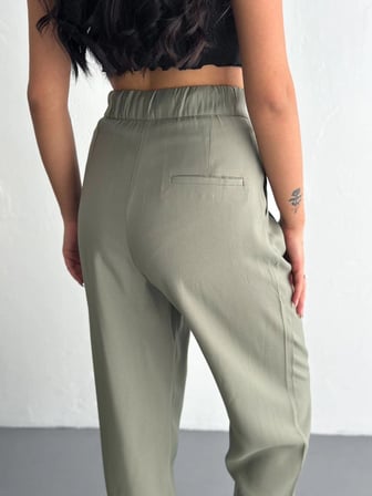 Kadın Yüksel Bel Beli Bağcıklı Cepli Rahat Paça Pantolon - Su Yeşili