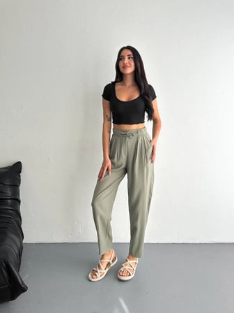 Kadın Yüksel Bel Beli Bağcıklı Cepli Rahat Paça Pantolon - Su Yeşili