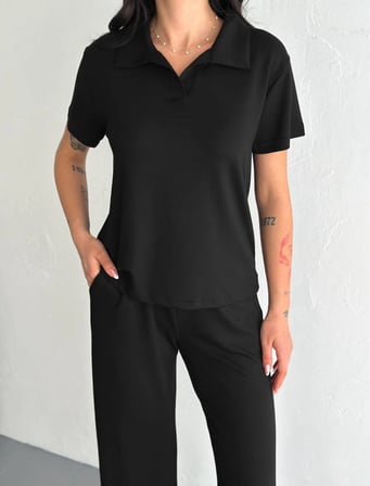 Kadın Osy Modal Yumuşak Dokulu Kumaş Kısa Kollu Yakalı T-shirt Pantolon ikili Takım- Siyah