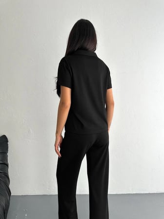 Kadın Osy Modal Yumuşak Dokulu Kumaş Kısa Kollu Yakalı T-shirt Pantolon ikili Takım- Siyah